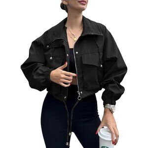 🆕Womens Black Tankaneo Cropped Jacket Zip Up Oversized Utility Anorak Coat